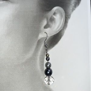 Silver and Grey Faux Pearl Drop Earrings with Clear Faceted Bead Dangling